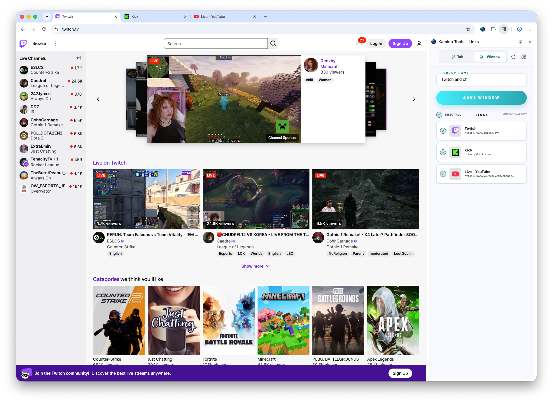 Kamino browser window preview