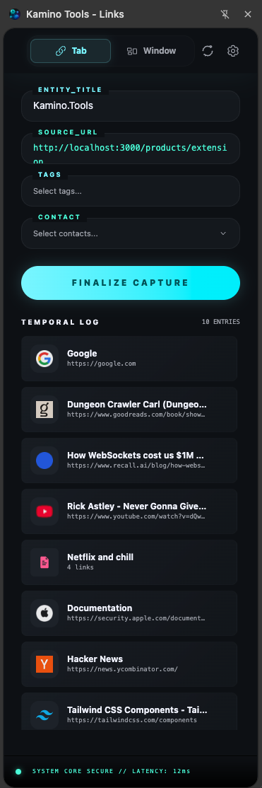 Kamino browser extension preview in dark mode
