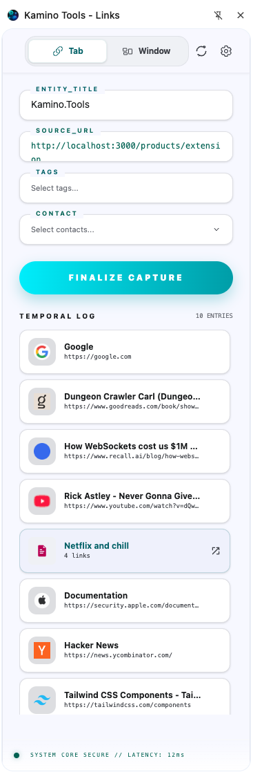 Kamino browser extension preview in light mode